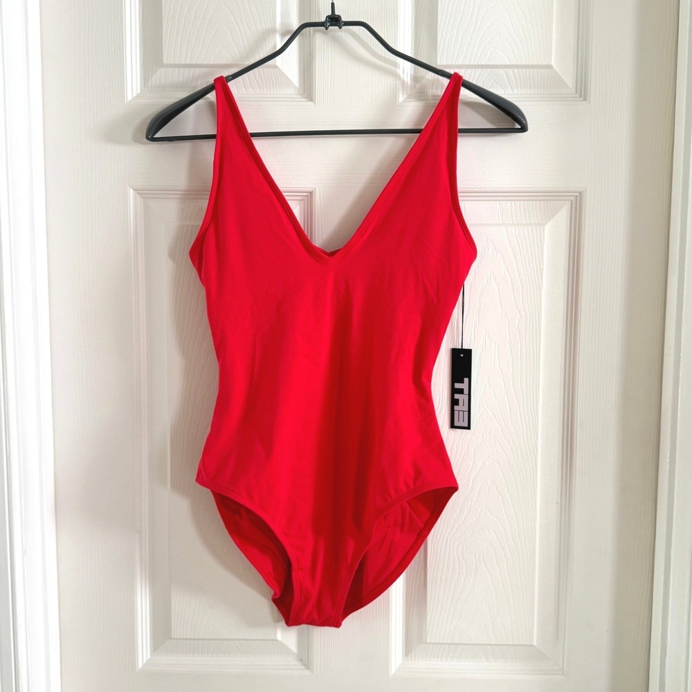 TA3 Plungey 2.0 Red Sculpting One Piece Swimsuit Lace Up Back Medium Short
